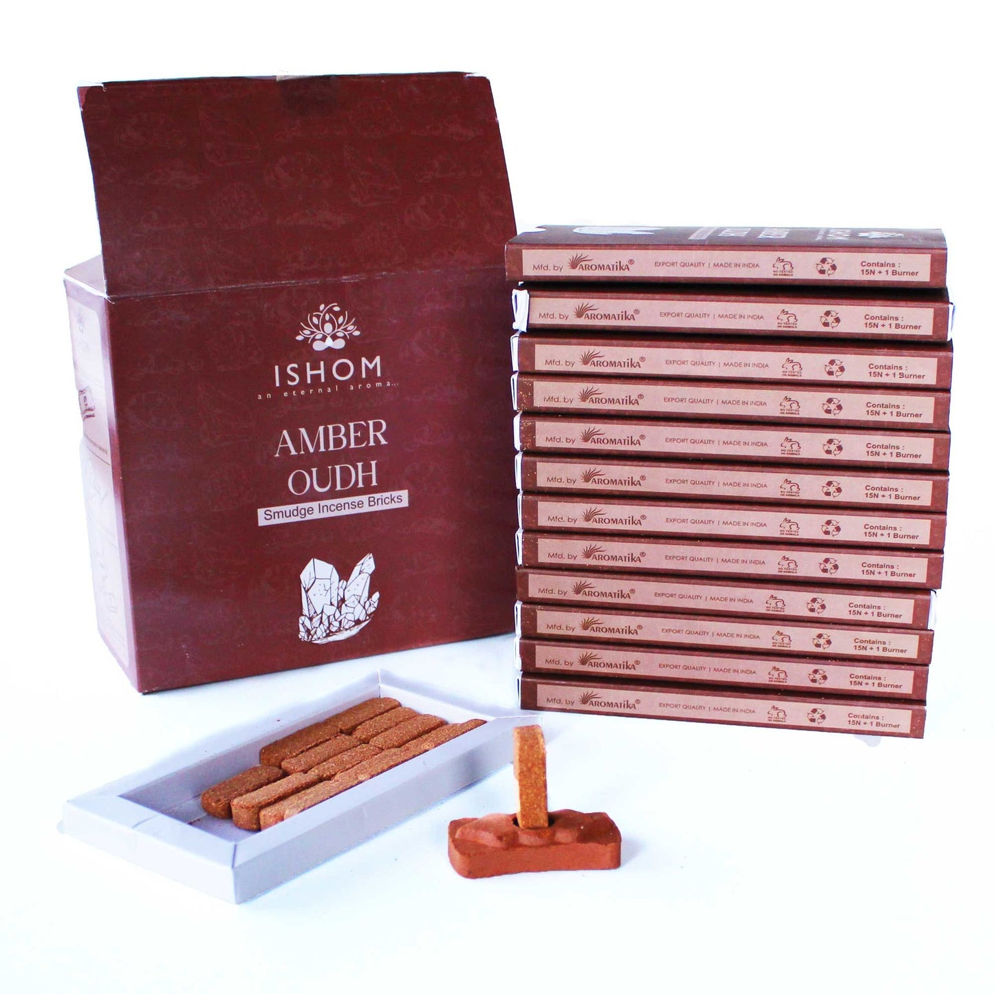 Pack of 15 Natural Incense Smudge Bricks and Burner - Amber Wood - Vivid Aromas UK