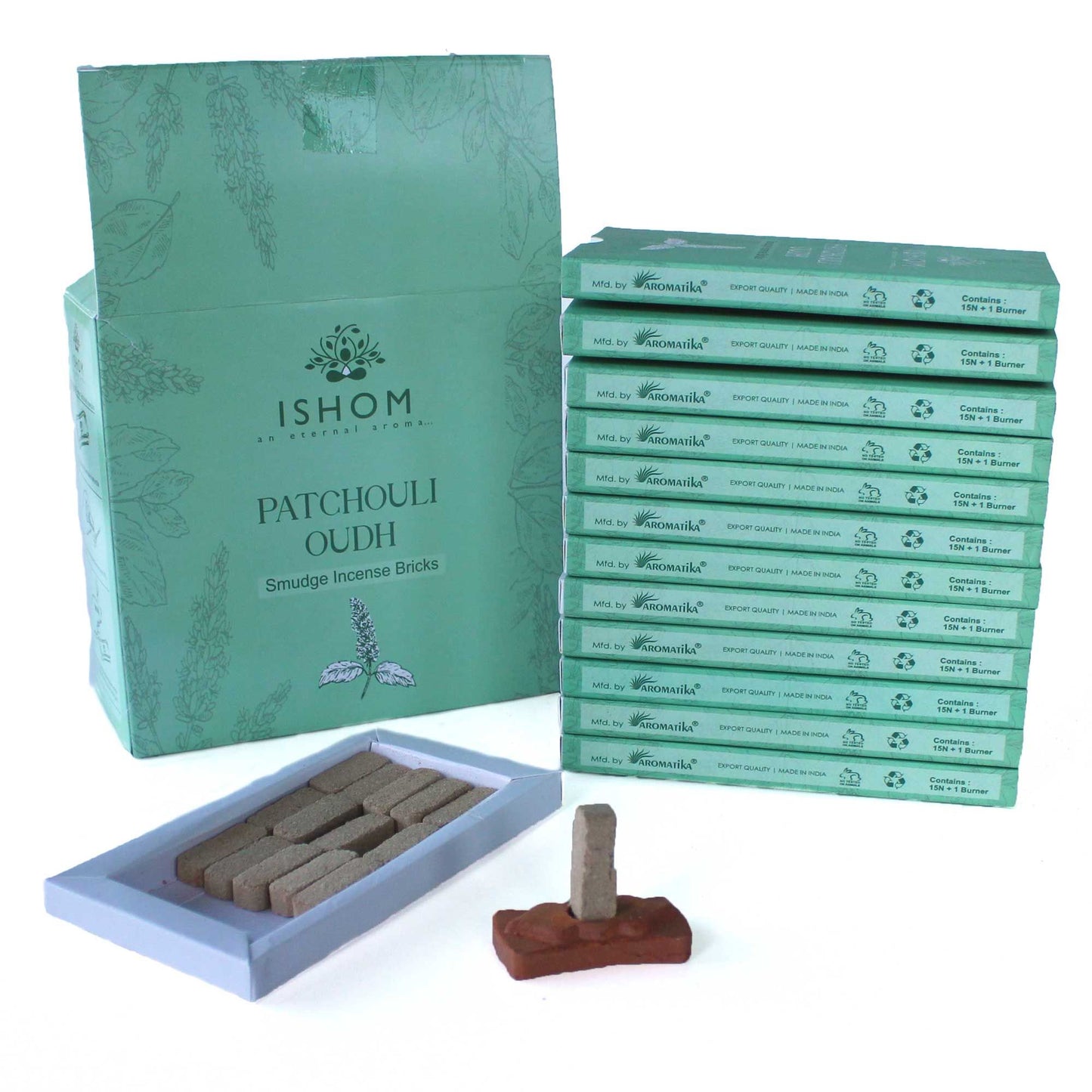 Pack of 15 Natural Incense Smudge Bricks and Burner - Patchouli Wood - Vivid Aromas UK