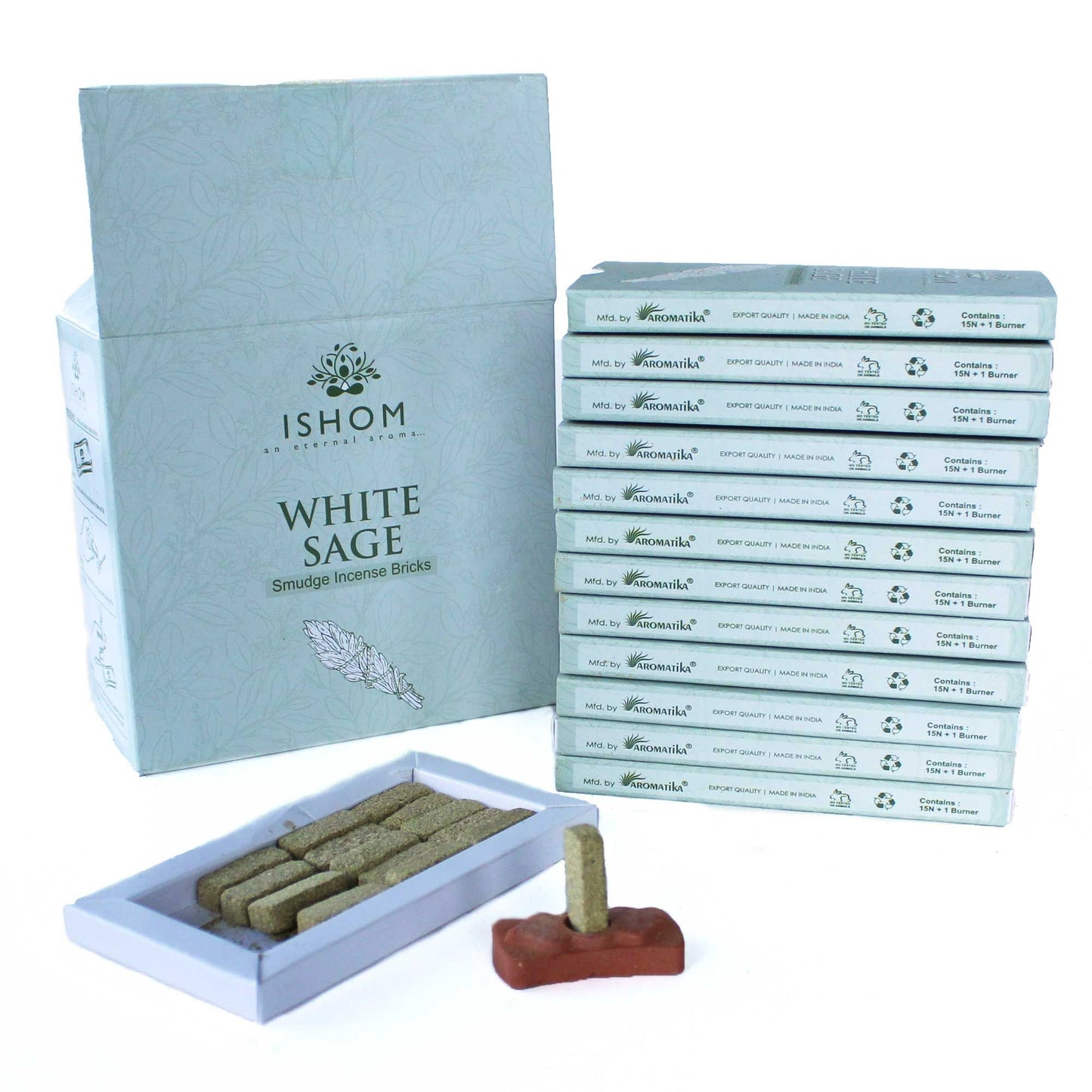 Pack of 15 Natural Incense Smudge Bricks and Burner - White Sage - Vivid Aromas UK