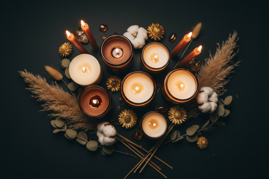 Assortment of pillar, taper and jar candles with dried botanicals in warm candlelight