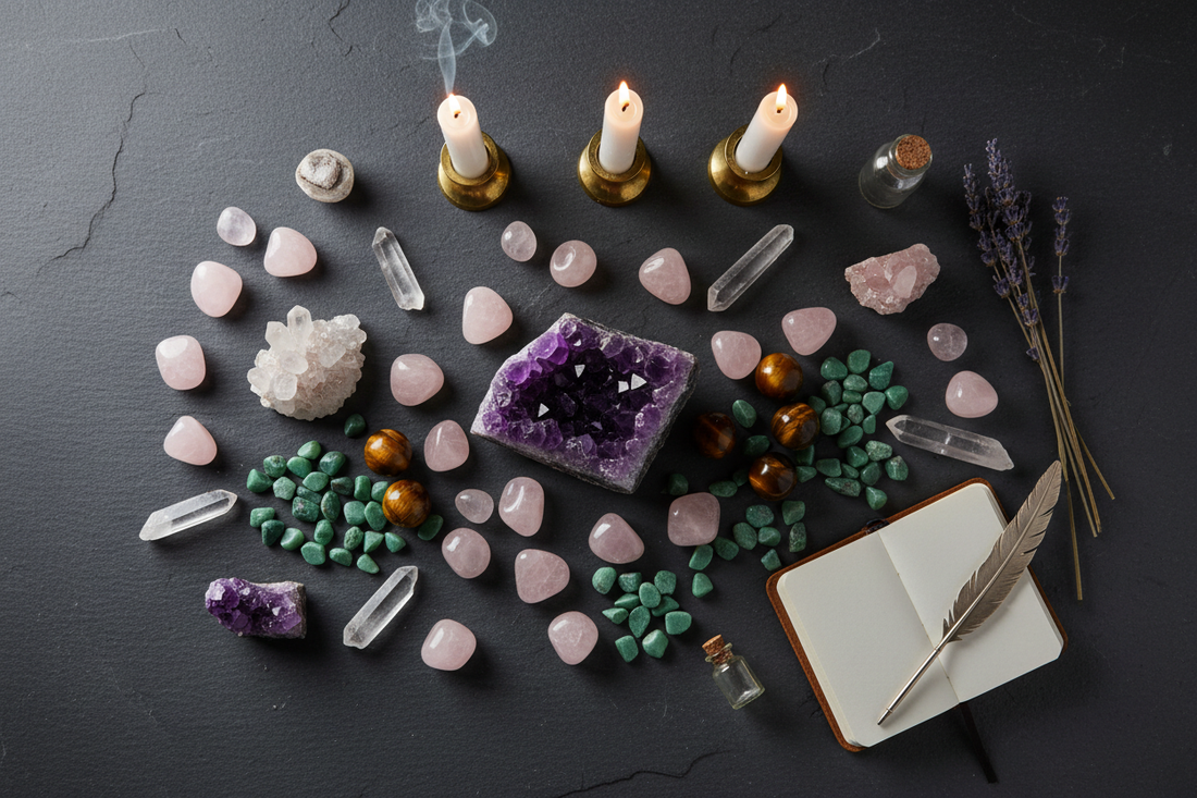 Flat lay of amethyst, rose quartz, clear quartz and other crystals on dark slate with candlelight
