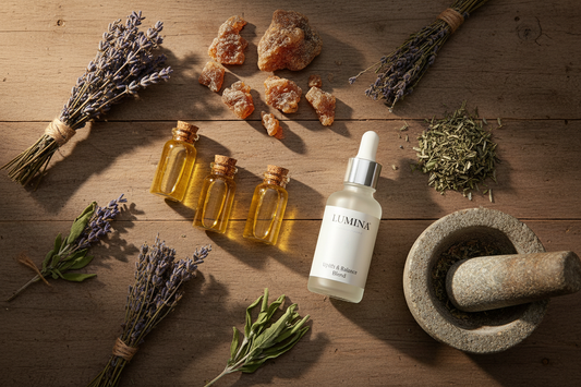 Ancient aromatherapy ingredients including dried herbs, resin, mortar and pestle alongside a modern essential oil bottle on aged natural wood
