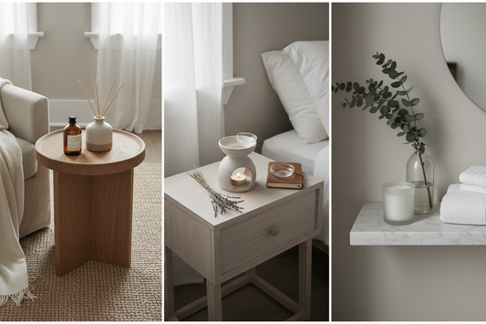 tyled home interior with reed diffuser, oil burner, lavender and eucalyptus across bedroom, living room and bathroom settings
