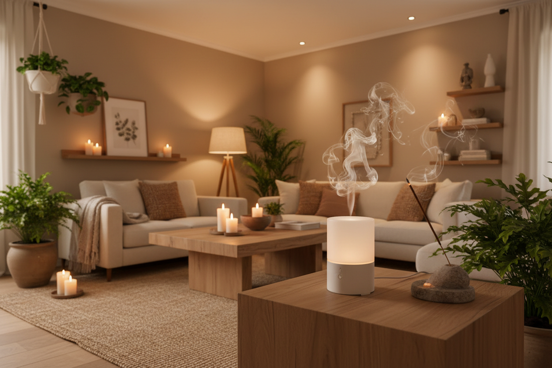 Essential oil diffuser misting in a cosy living room with incense and candles