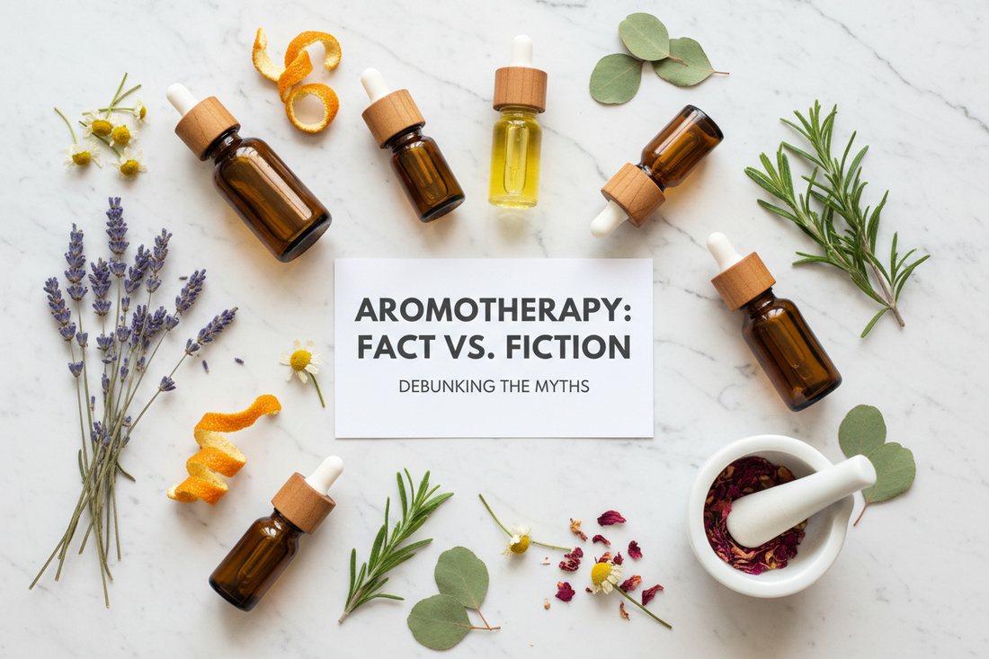 A flat lay of pure essential oil bottles with dried herbs and botanical ingredients on a marble surface — separating aromatherapy fact from fiction