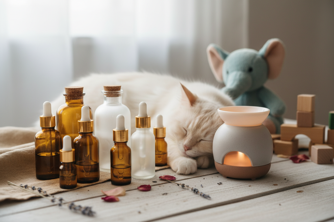 Essential oil bottles and a small diffuser on a light wooden surface with a sleeping cat and a child's toy softly out of focus in the background
