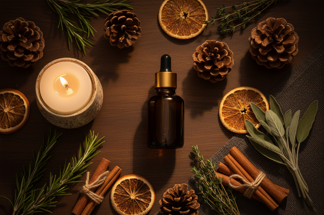 amber oil bottle with pine cones, dried oranges, cinnamon sticks, and herbs on dark wood — rich, cosy, autumnal
