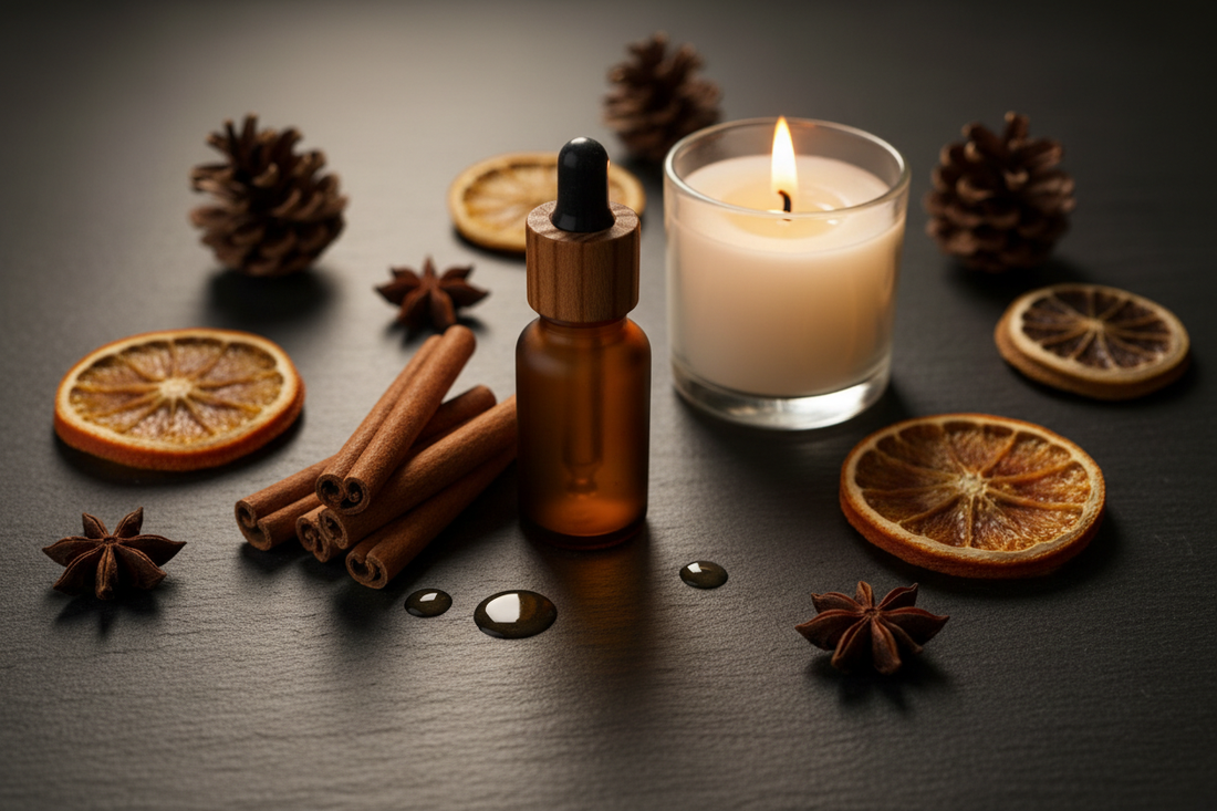 Autumnal aromatherapy flat lay with essential oil bottle, cinnamon sticks, dried orange slices, pine cones and a glowing candle on dark slate
