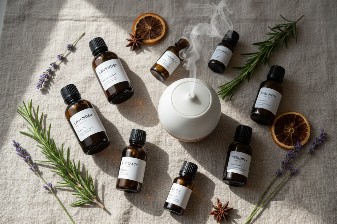 A flat-lay of essential oil bottles, a small diffuser, and fresh botanical sprigs arranged on a natural linen cloth with soft natural lighting