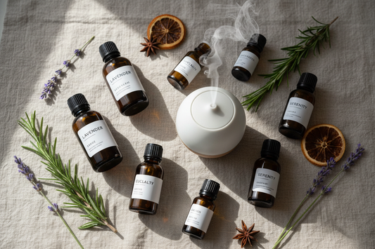 A flat-lay of essential oil bottles, a small diffuser, and fresh botanical sprigs arranged on a natural linen cloth with soft natural lighting
