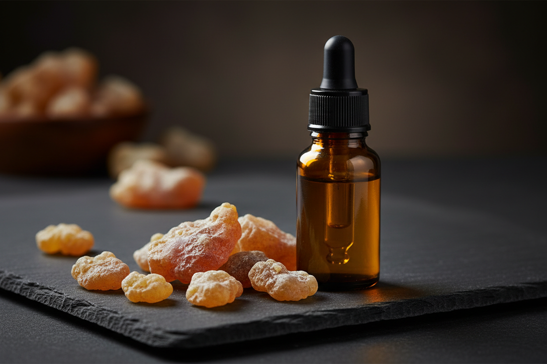 warm amber benzoin resin chunks with an oil bottle on dark slate