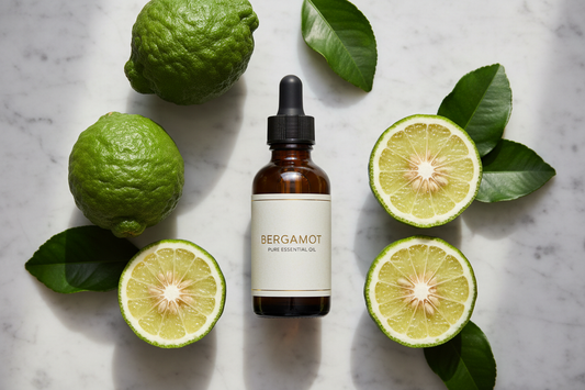 amber bottle with fresh bergamot citrus fruits on grey marble — bright, uplifting, elegant