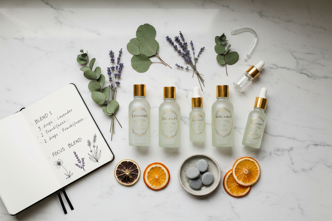 A flat lay of essential oil bottles, a glass dropper, a small notebook with blend notes and dried botanicals on a marble surface — beginner's guide to blending essential oils