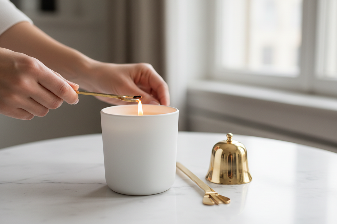 Hands trimming a candle wick with a wick trimmer beside a cleanly burning candle on a marble surface