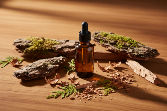 amber bottle with raw cedarwood bark on warm wood — grounding, golden, forest feel
