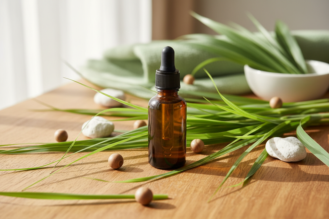 citronella grass on warm wood — fresh, clean, citrusy-green
