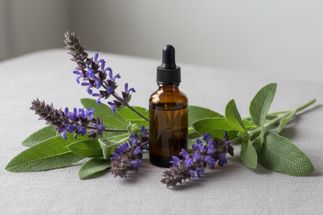 Clary sage essential oil bottle with fresh clary sage stems and purple flower spikes on grey linen