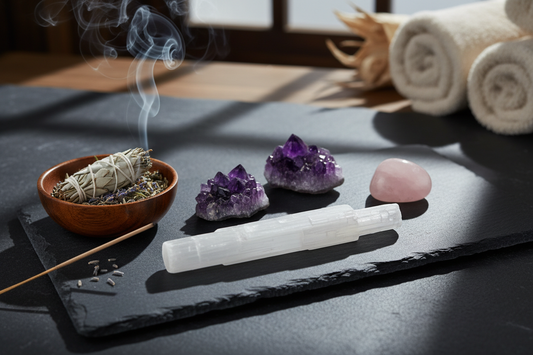 selenite wand, amethyst, and rose quartz under moonlight with incense smoke — mystical and serene