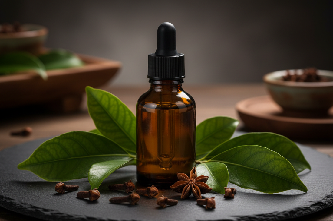 dark amber bottle surrounded by fresh clove leaves and dried whole cloves on a dark slate surface
