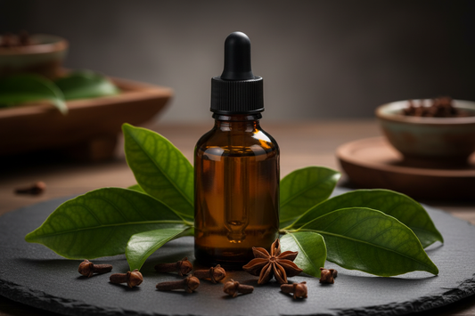 dark amber bottle surrounded by fresh clove leaves and dried whole cloves on a dark slate surface
