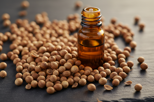 coriander seeds on dark slate with an amber bottle