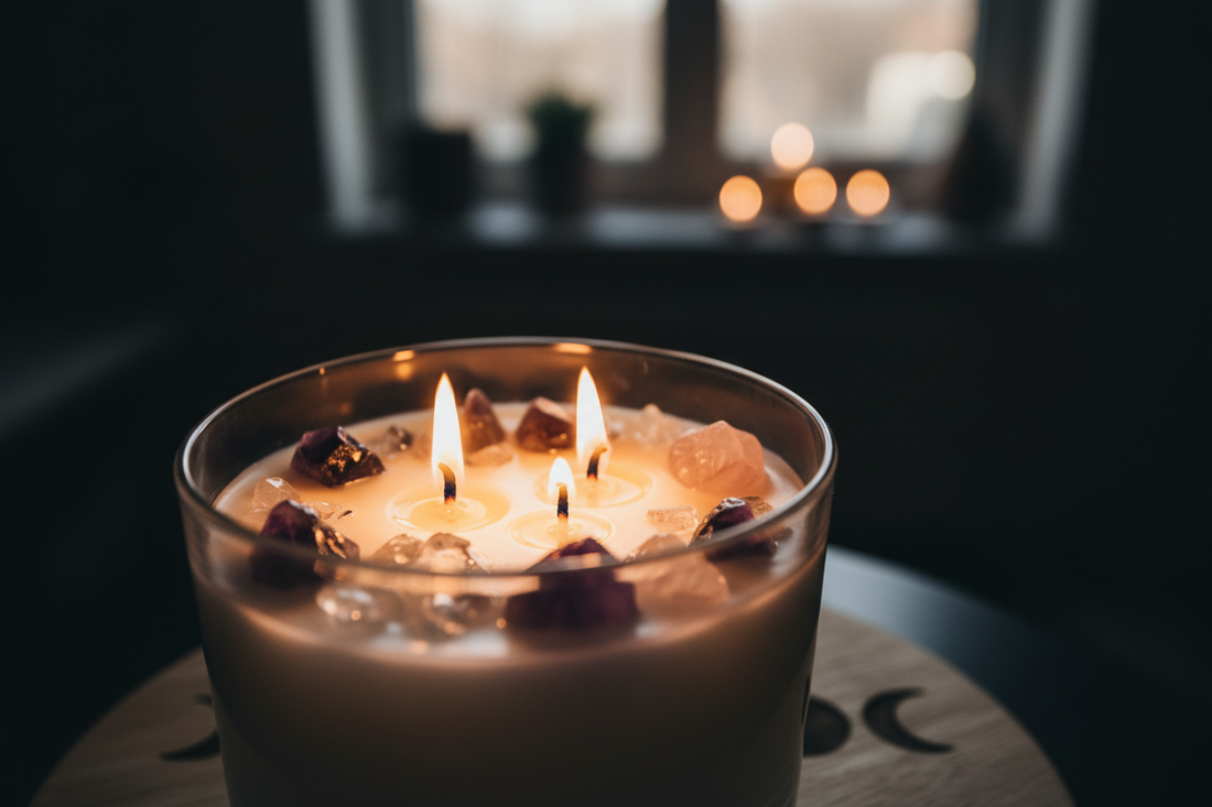 Crystal candle burning with amethyst and rose quartz gemstones embedded in the wax