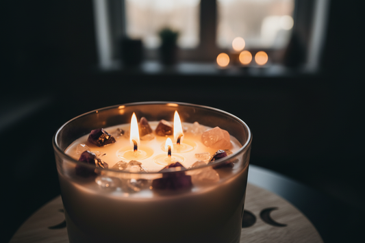 Crystal candle burning with amethyst and rose quartz gemstones embedded in the wax