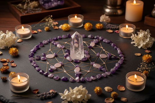 geometric crystal grid with clear quartz centre, amethyst and rose quartz in sacred geometry pattern, candlelight — mystical and luxurious