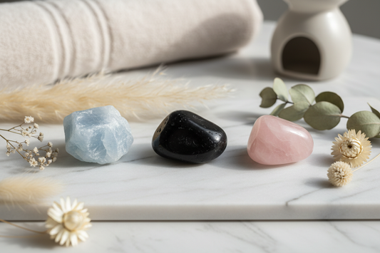 black tourmaline, angelite, and rose quartz on white marble with dried botanicals — calm, soft, serene