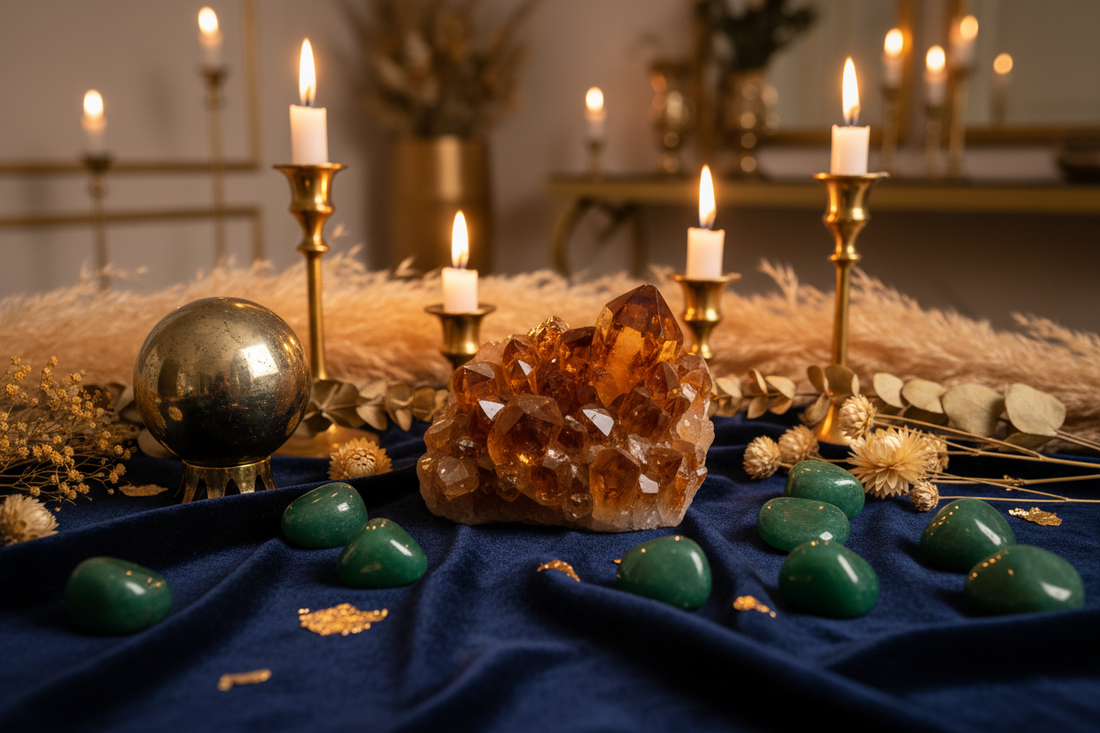 citrine, green aventurine, and pyrite on dark velvet with gold accents — luxurious, golden, abundant