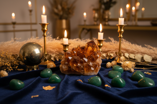 citrine, green aventurine, and pyrite on dark velvet with gold accents — luxurious, golden, abundant