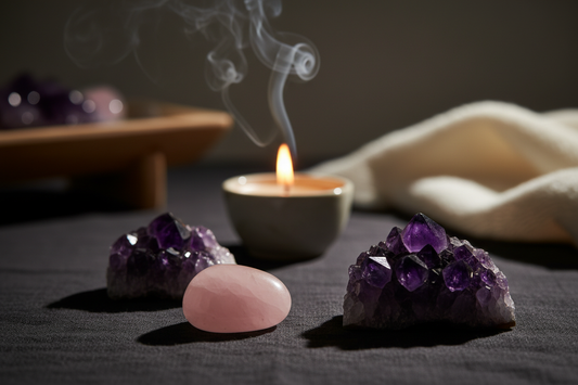 deep purple amethyst cluster with rose quartz on dark linen, candlelight and incense smoke