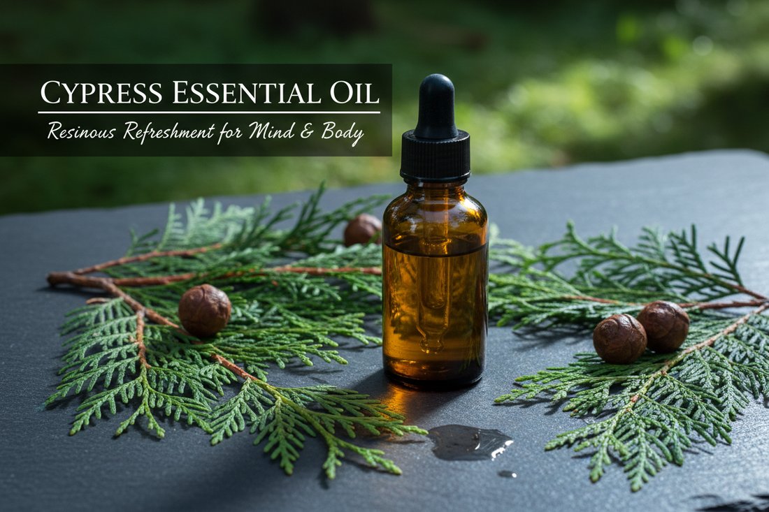 cypress branches and cones on dark slate — fresh, crisp, resinous