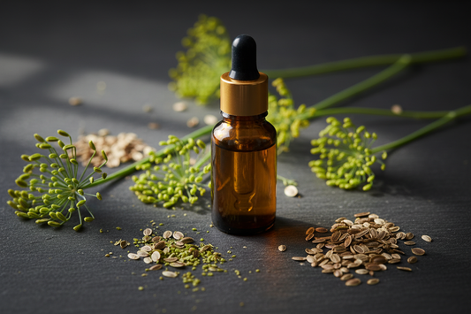 Dill Seed Essential Oil — fresh dill seeds and seed heads with essential oil bottle, Vivid Aromas UK 