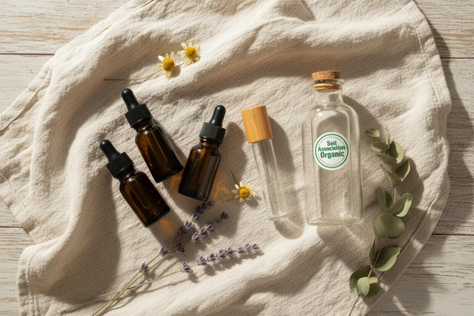 A flat-lay of essential oil bottles including dark glass dropper bottles, a roll-on, and a Soil Association certified organic bottle arranged on a natural linen cloth with dried botanicals