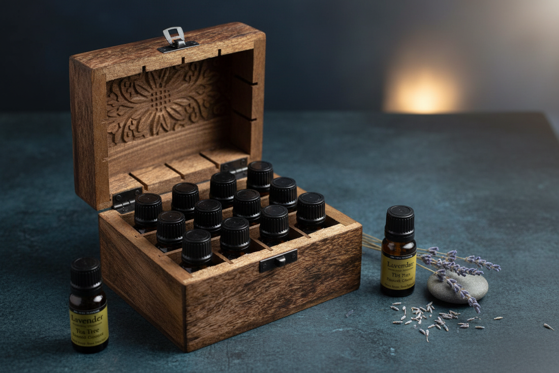A Mango wooden aromatherapy storage box open and filled with neatly arranged essential oil bottles — how to store essential oils to keep them fresh and potent