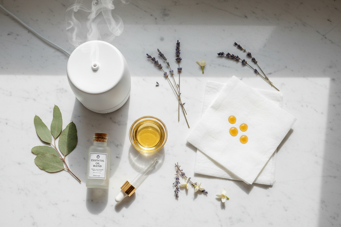 Three methods of using essential oils shown side by side — an ultrasonic diffuser, a carrier oil and dropper for topical use, and a tissue for inhalation