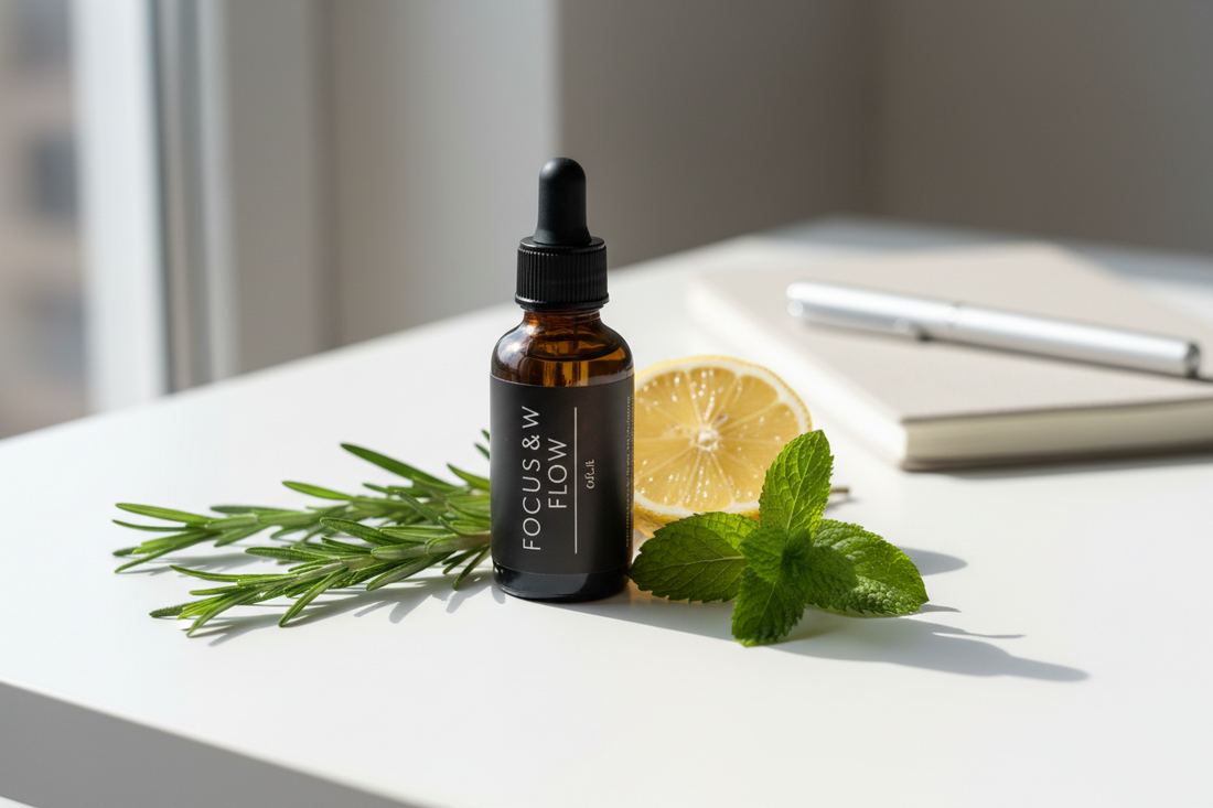 amber bottle with rosemary, lemon, and peppermint on a clean white desk — crisp, energising, professional