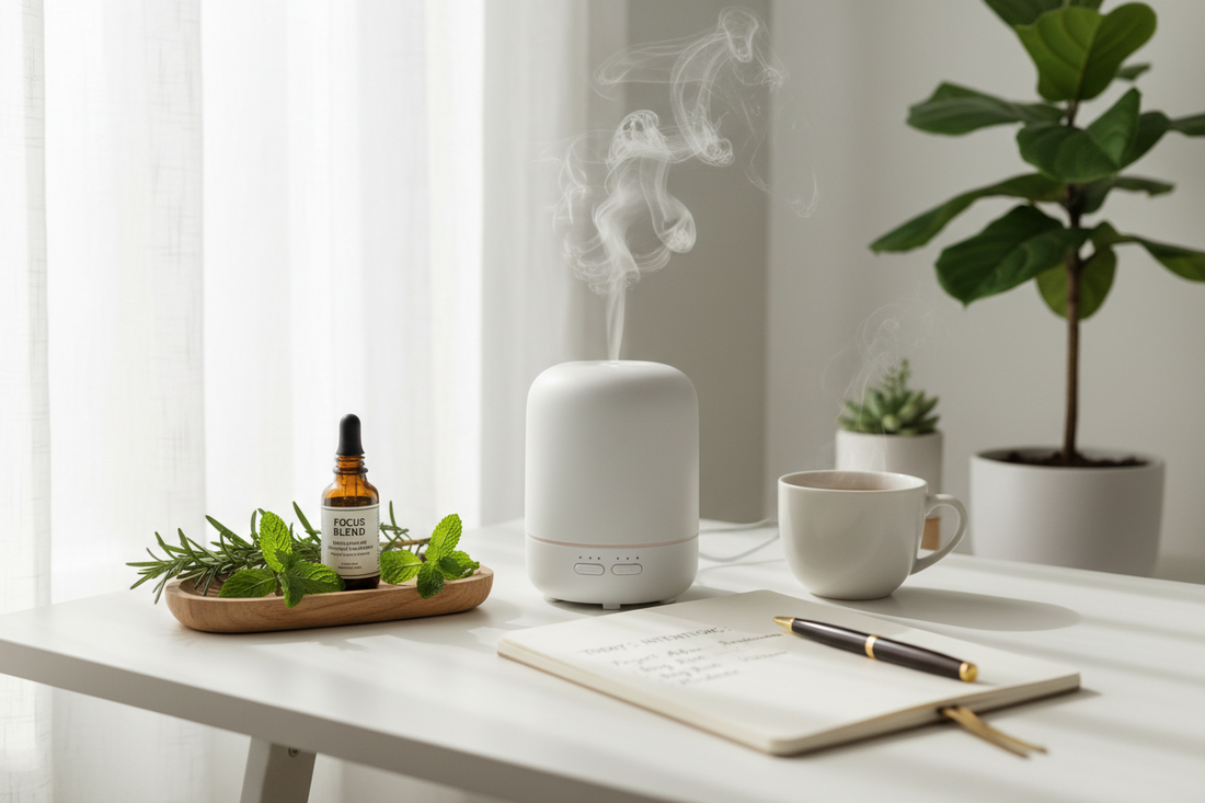 A minimal home office desk with a small essential oil diffuser, fresh rosemary and peppermint sprigs in soft natural daylight — essential oils for focus and productivity