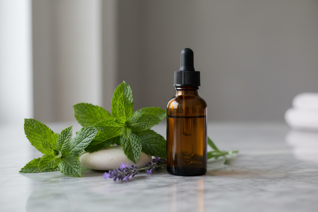 peppermint and lavender with amber bottle on cool grey marble — calm, soothing