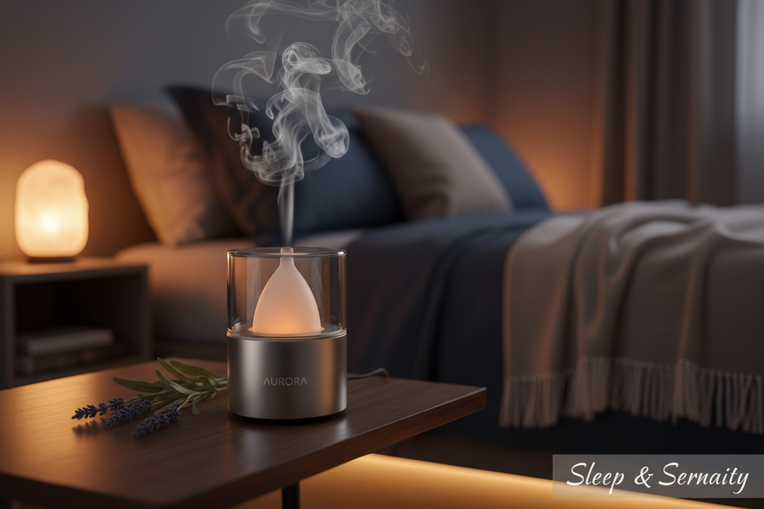 An ultrasonic essential oil diffuser emitting soft mist beside a sprig of lavender in warm dim bedroom lighting — essential oils for sleep and relaxation
