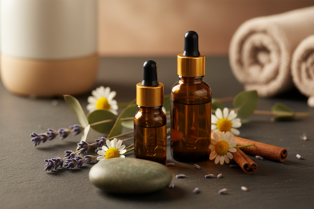 Amber essential oil bottles with dried botanicals and a smooth stone arranged on dark slate with warm moody lighting — essential oils for stress and anxiety relief