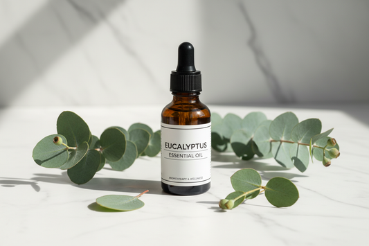 amber bottle with fresh eucalyptus branches on white marble — crisp, clean, spa feel