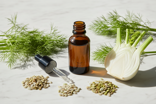 fennel fronds, seeds and bulb on white marble — fresh, anise-like, herbaceous