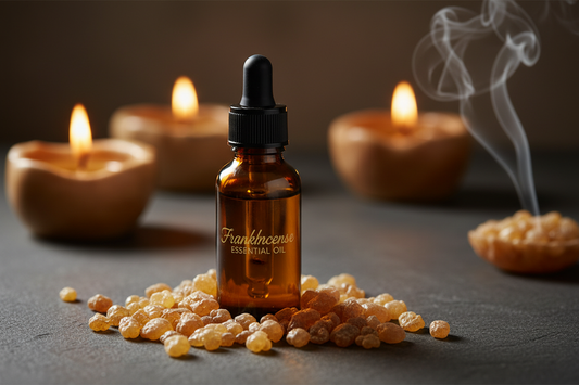 Amber glass frankincense essential oil bottle with golden resin tears on dark slate, with soft candlelight — Vivid Aromas
