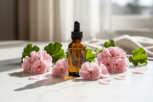 Geranium essential oil bottle with fresh pink geranium flowers and green leaves on white marble