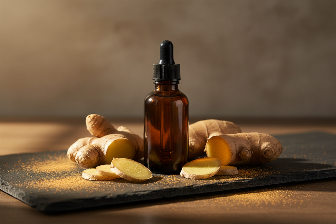 fresh ginger root on dark slate — warm, spicy, invigorating