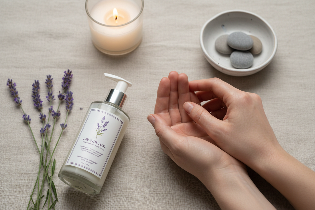 Hand lotion bottle with lavender sprigs and soft hands resting on linen in warm candlelight