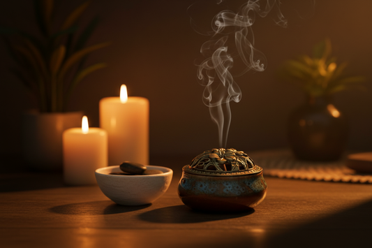 A serene meditation corner with a lit ceramic incense burner producing gentle smoke and warm candlelight — creating a home meditation space with aromatherapy