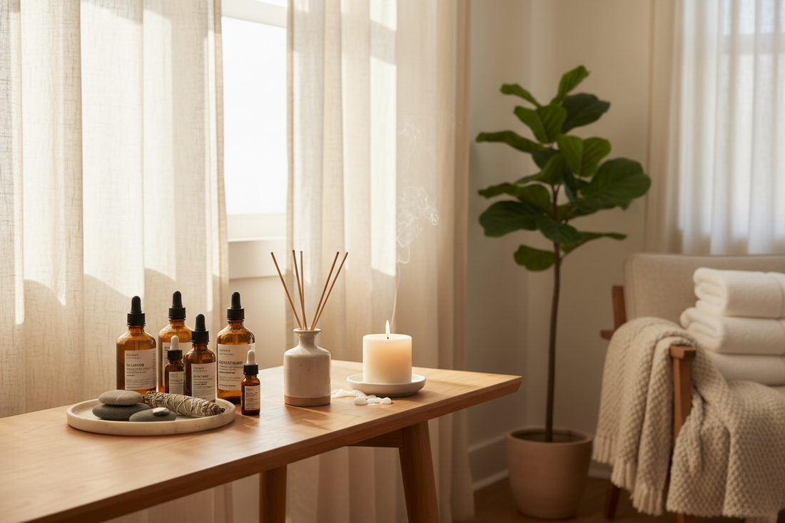 Reed diffuser and essential oil bottles on a windowsill with soft morning light
